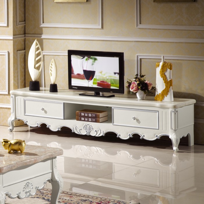 欧式大理石电视柜法式象牙白描银雕花地柜实木电视柜茶几套装组合