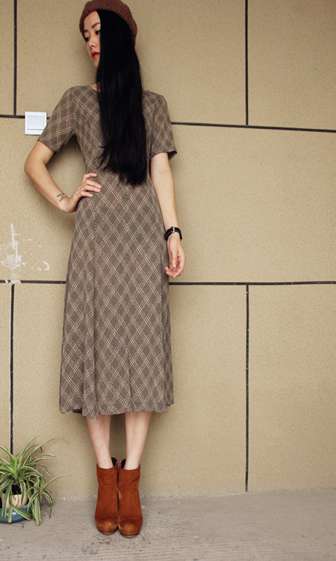古着vintage复古精品日本产斜纹大格子超长款气质短袖连衣裙
