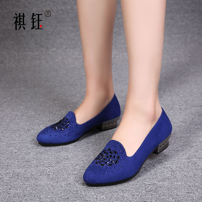 2015新款老北京布鞋秋季女鞋 中跟粗跟女单鞋 浅口水钻女士布鞋子