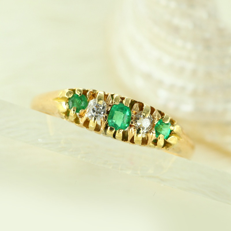 西洋古董首饰英国18k黄金古典祖母绿钻石戒指维多利亚