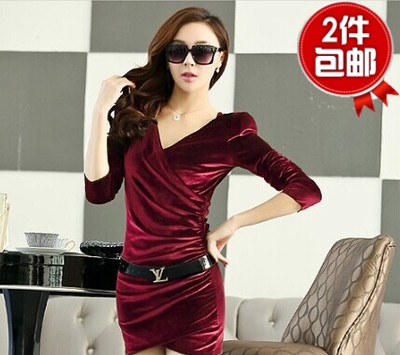 新款酒红色纯色通勤韩版金丝绒V领长袖褶皱修身包臀打底裙可定制