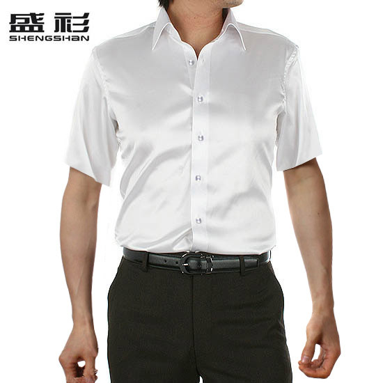 新款正品男装 仿真丝绸缎韩版修身男士短袖衬衣 休闲珍珠白色衬衫