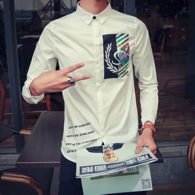 2016春季新款韩版长袖衬衫印花潮男青年外套 欧美风修身白色衬衣