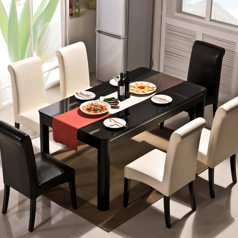 青春潮 简约现代餐桌钢化玻璃黑色餐桌椅组合小户型餐台饭桌1185