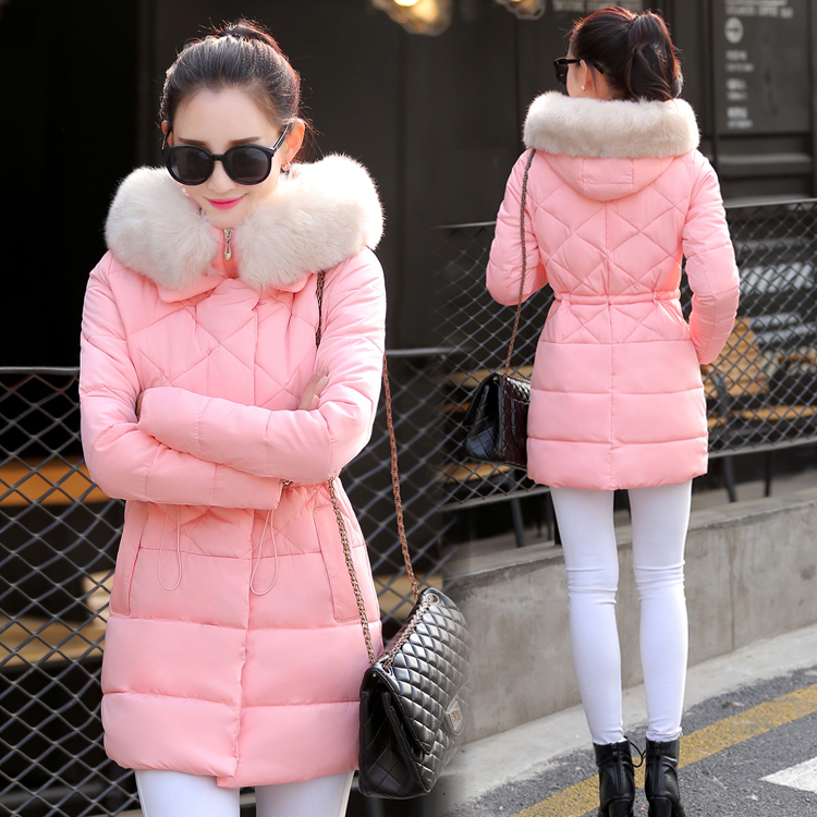 棉衣外套女2015韩版冬季新品中长款加厚修身纯色毛领棉袄羽绒棉服