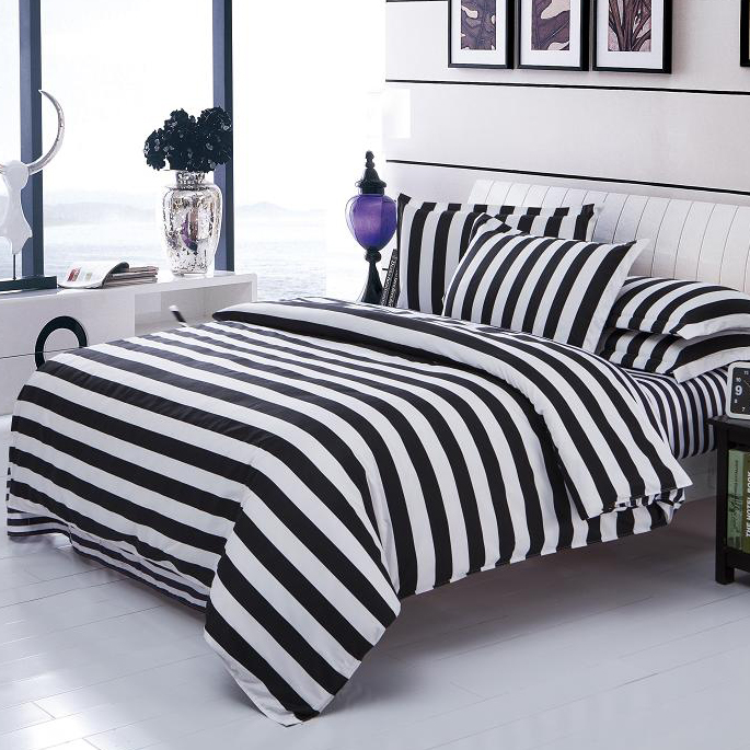 黑白床上用品四件套床单被罩春夏新款花型条纹被套 欧美大范