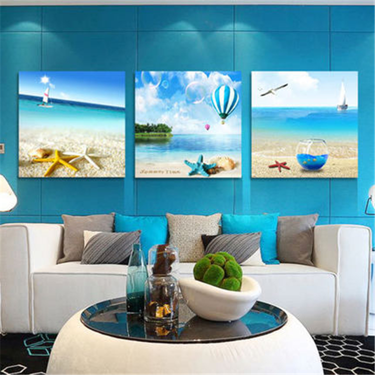 现代客厅装饰画简约无框画沙发背景挂画三联水晶画蓝色海洋风景画
