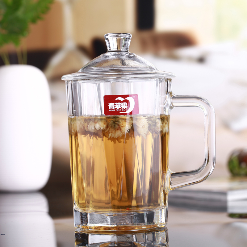 青苹果EZ1008办公玻璃杯耐热透明有把带盖果汁花茶
