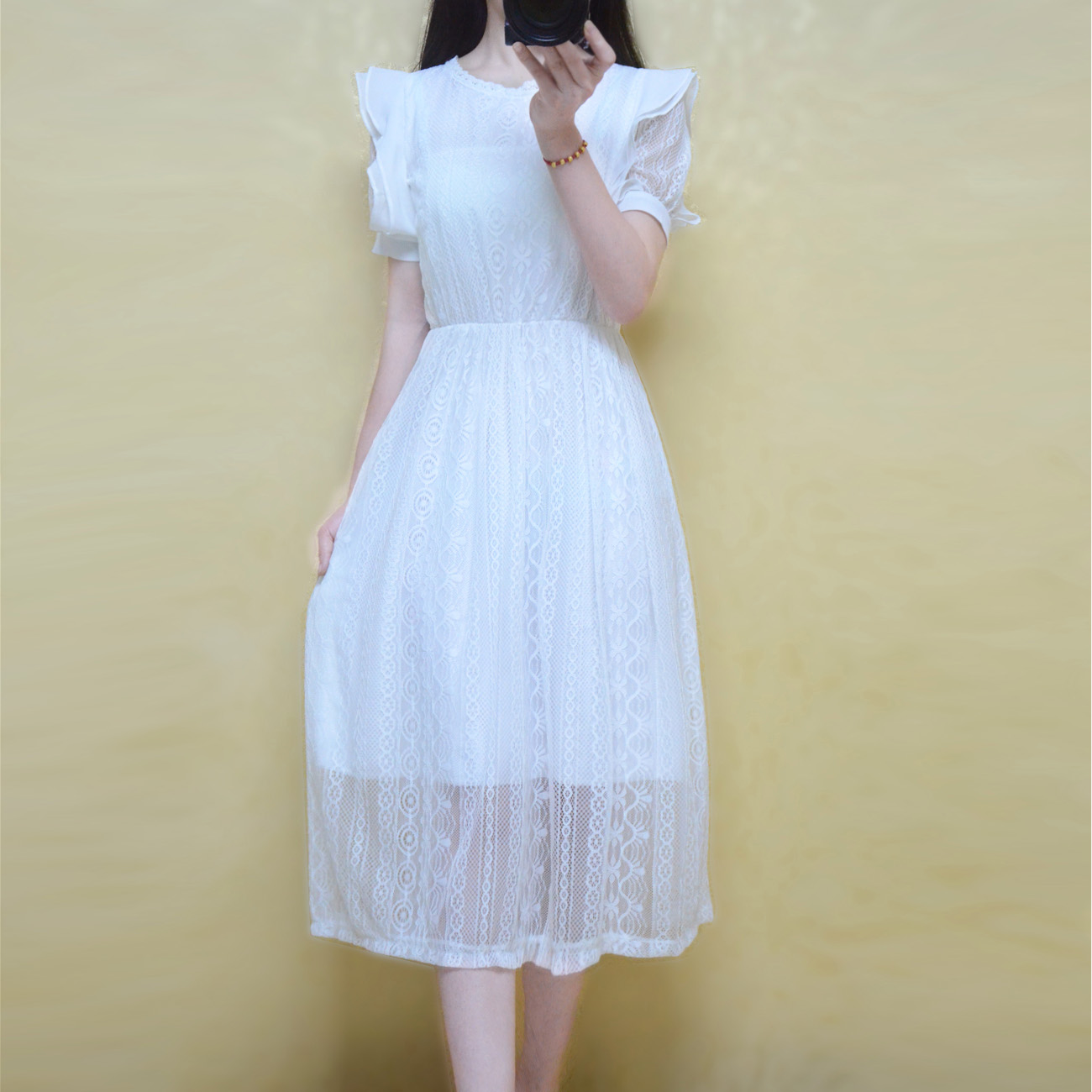 2015夏季新款女装 甜美可爱蕾丝刺绣镂空圆领短袖连衣裙长裙女