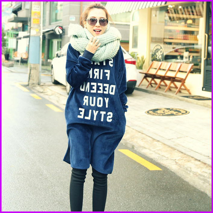 2015韩国秋冬新款衣服套头卫衣女中长款韩版天鹅绒加厚长袖外套潮