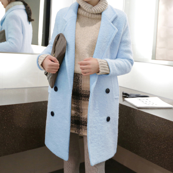 2015冬季新款韩版修身显瘦呢料大衣 中长款双排扣羊毛呢外套