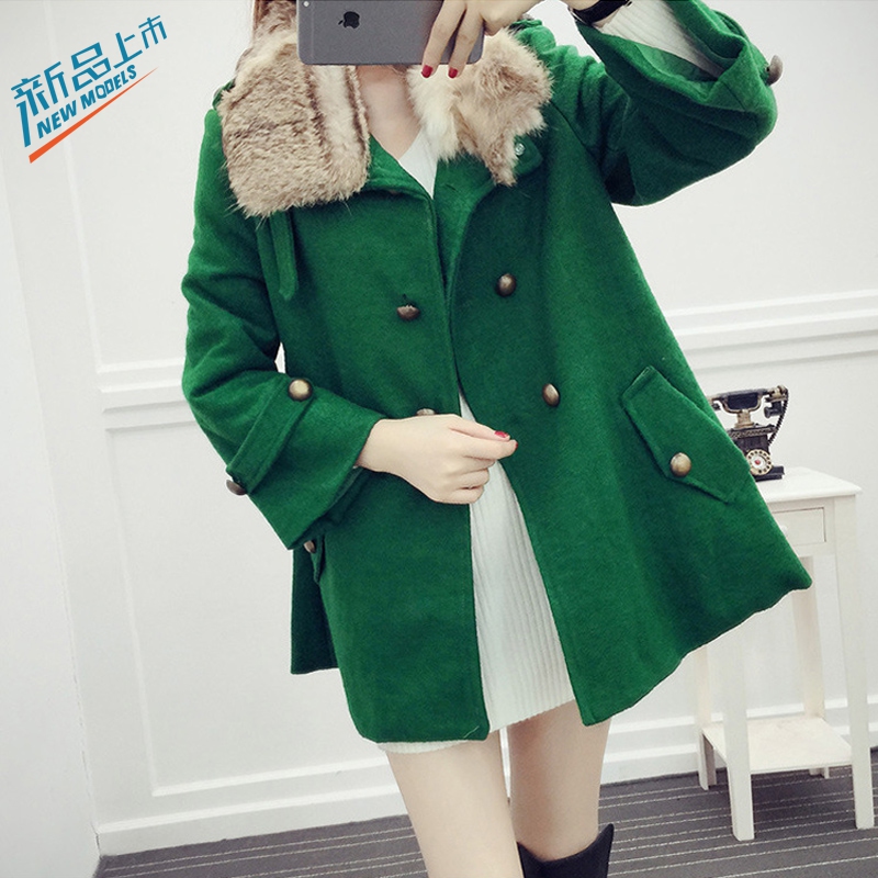 包邮2015年冬季18-24周岁斗篷大衣 双排扣绿色毛呢外套韩版中长款