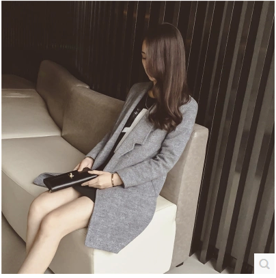 冬装新款2015韩版宽松显瘦 西装领纯色长袖毛呢外套