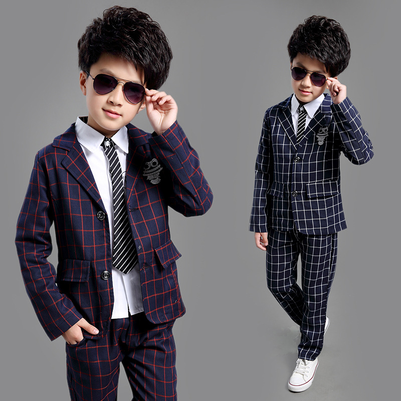 2015秋季新款童装 男童韩版格子西服两件套装 中大童长袖套装