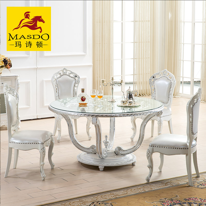 Masdo白色法式餐厅家具餐桌欧式银箔餐桌餐台桌子两用餐桌圆餐台