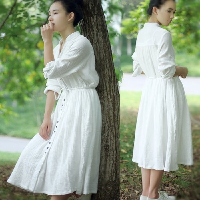 2015秋季新款文艺复古棉麻连衣裙森女系两件套气质仙气长袖中长裙