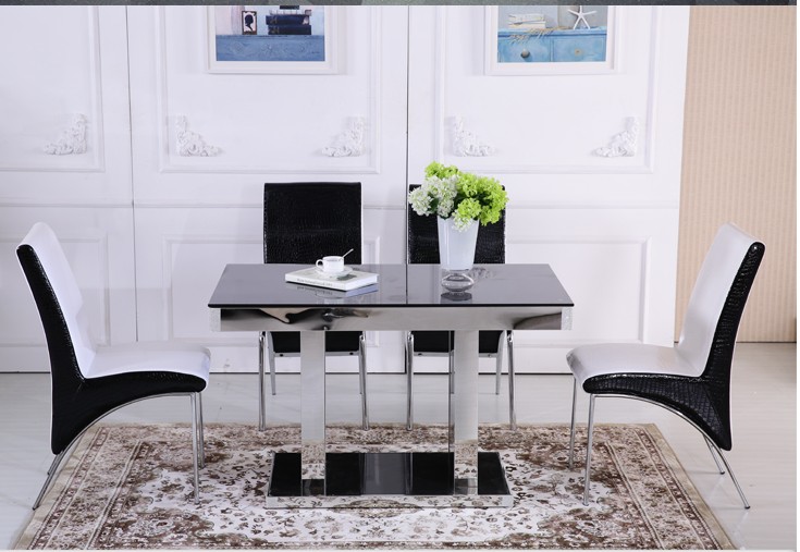 现代简约不锈钢餐桌 钢化玻璃餐桌椅组合 长方形小户型客厅餐台