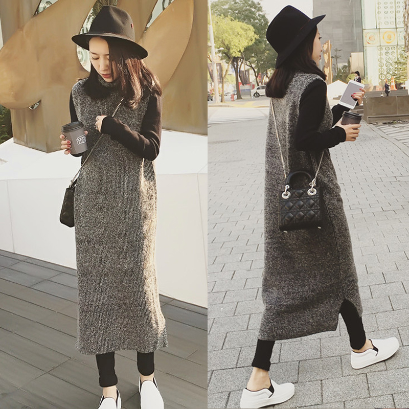 蘑菇街2015冬装新款韩版宽松显瘦高领无袖针织裙套头打底连衣裙女