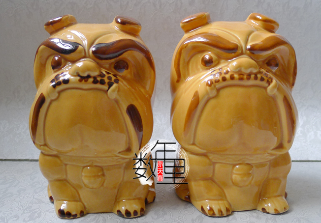 【 沙皮狗 】 黄色釉 淄博 美陶 博山 老陶瓷 动物摆件 情侣狗 犬
