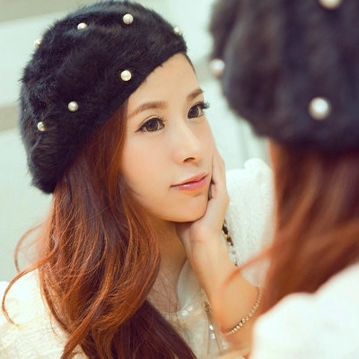 韩国女士秋冬钉珠珍珠兔毛贝雷帽画家帽气质青年帽子黑白色蓓蕾帽
