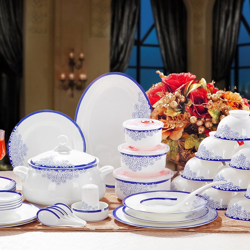 碗碟套装 景德镇56头骨瓷餐具 韩式高档结婚碗盘碟陶瓷器餐具套装