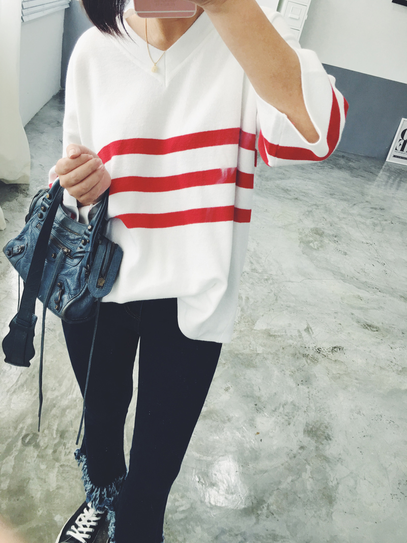 2016韩国秋装新款条纹七分袖针织衫学院风V领套头蝙蝠袖毛衣女