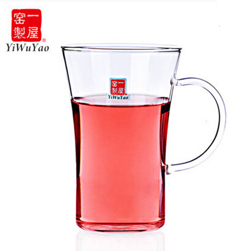 一屋窑带把耐热玻璃水杯 创意花茶杯  樱花粉色 透明把杯 280ml