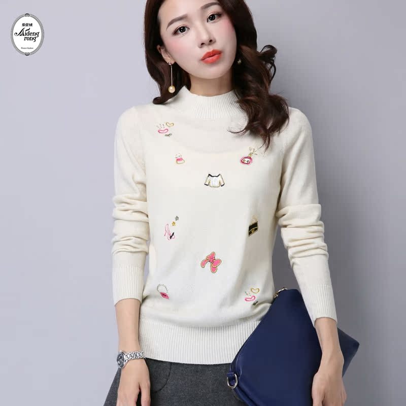 韩版女士半高领加厚毛衣 2015冬装新款宽松刺绣百搭针织衫羊毛衫