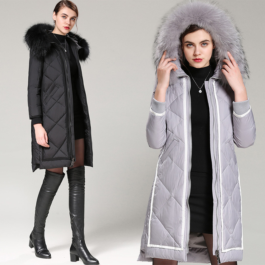 冬季新款欧美高端女装加厚大码修身显瘦真毛领中长款羽绒服女外套