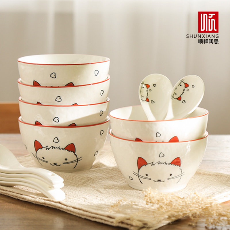 陶瓷碗勺子套装家用吃饭完米饭碗手绘瓷碗可爱卡通餐具6碗6勺组合