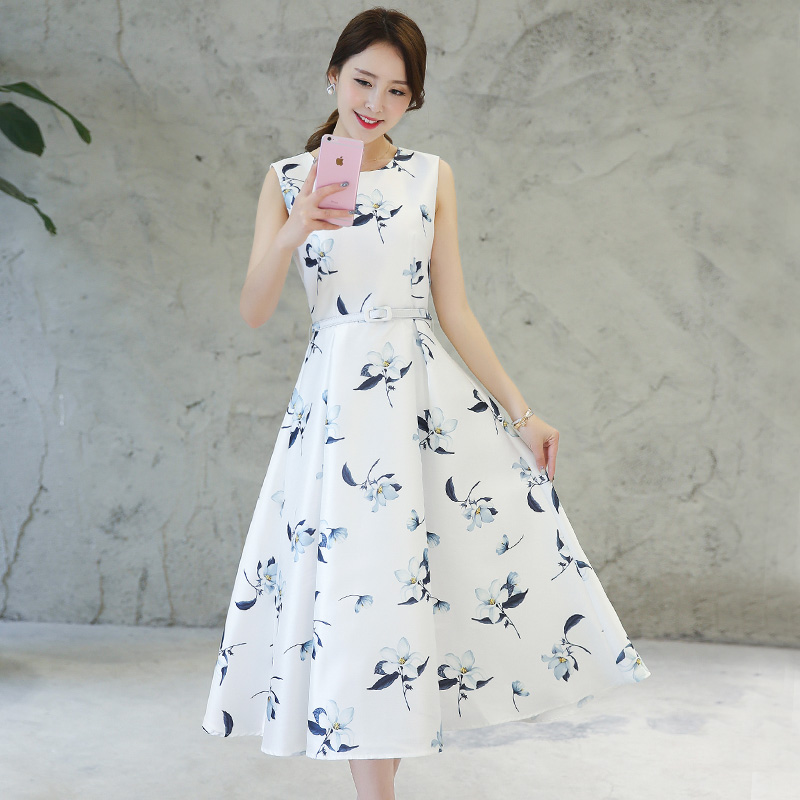 夏季韩版女装通勤A字中长裙无袖圆领常规套头修身印花涤纶连衣裙
