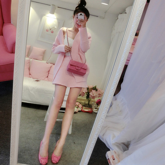 JULIA2015秋装显瘦女长袖针织外套粉色开衫半身裙韩版时尚套装