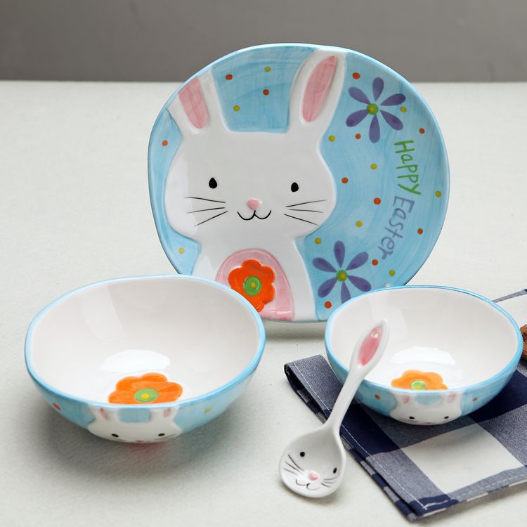 可爱卡通个性小碗小盘子儿童礼品创意礼物套装陶瓷3D手绘动物餐具