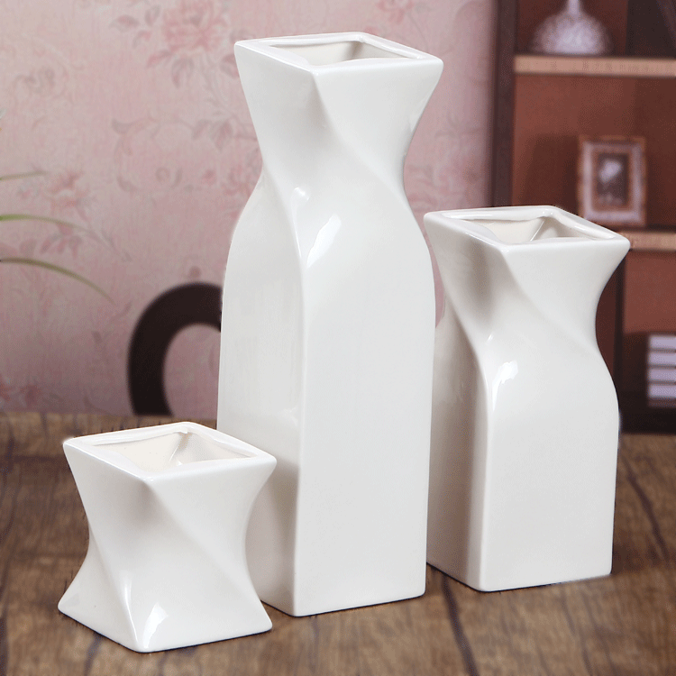 白色方形陶瓷花瓶书房摆件三件套 现代简约欧式客厅家居软装饰品