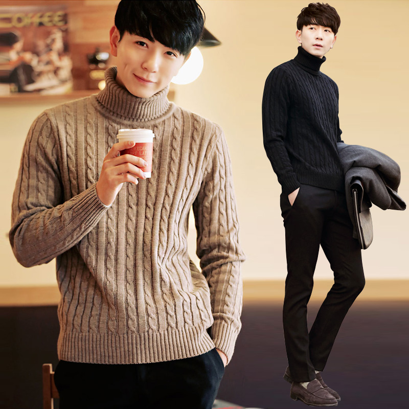 冬季男士韩版翻高领毛衣加厚修身套头针织衫春季青年学生外套男潮