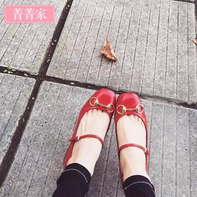 菁菁家 2016春季新款甜美纯色圆头真皮单鞋 浅口搭扣中跟女鞋子