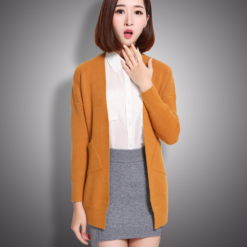 2015秋冬新款韩版宽松中长款针织衫 口袋开衫纯色毛衣外套女式