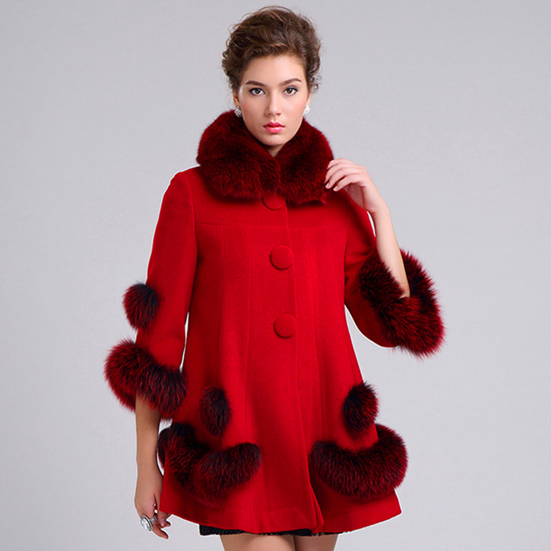2014秋冬新款羊绒大衣正品狐狸毛领修身毛呢外套女韩版羊毛呢大衣