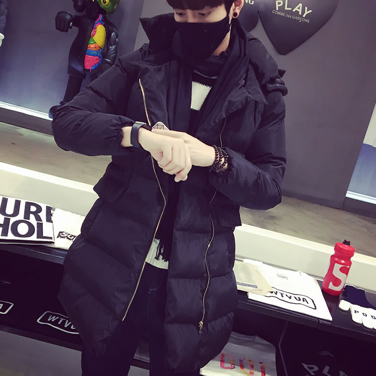 韩版冬季男士中长款加厚棉衣个性口袋修身连帽棉袄外套青少年棉服