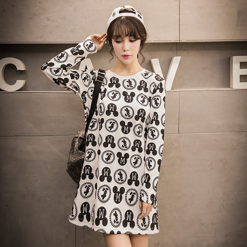 2015韩版时尚卡通米奇字母印花加绒中长款宽松卫衣