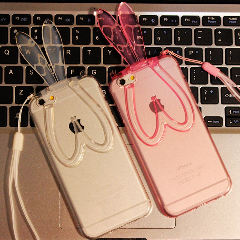 新款iphone6兔耳朵支架手机壳苹果6plus挂绳兔子硅胶保护套