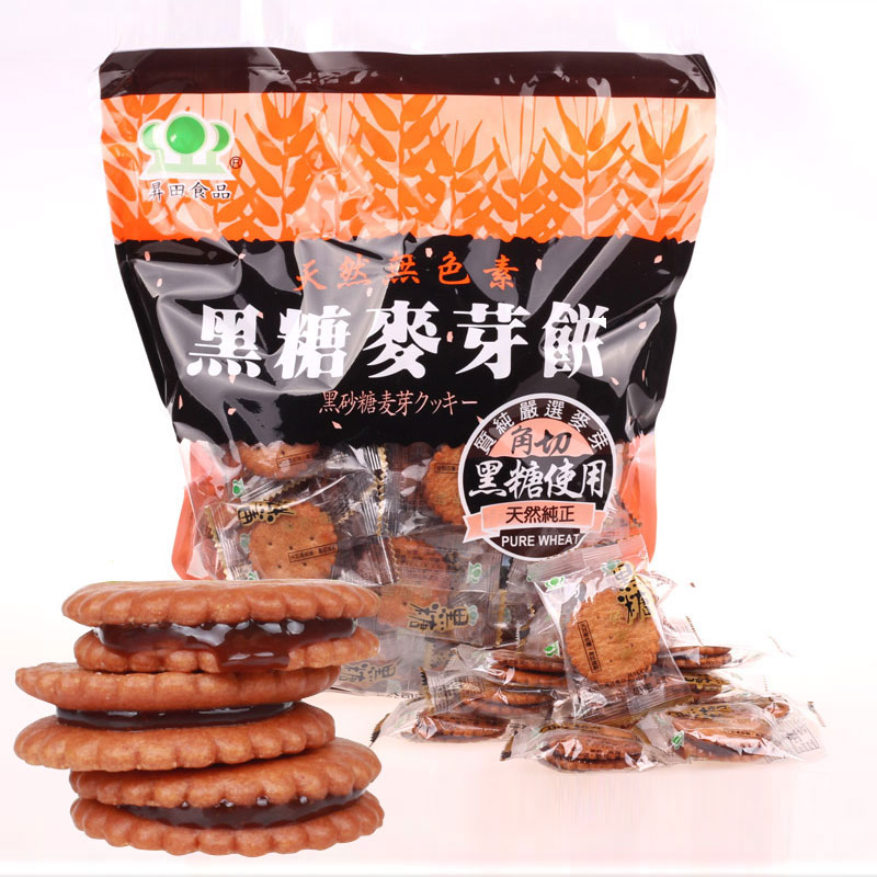台湾进口零食升田昇田黑糖麦芽饼500g 奶素黑糖夹心饼干 3包包邮