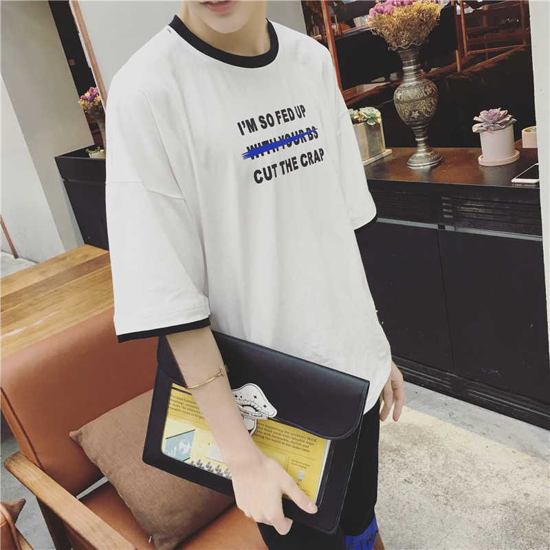 2016新款日系潮男T恤夏季衣服青少年男士短袖宽松韩版五分袖中袖t