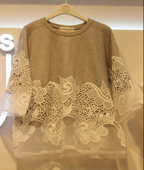 韩国代购2015春夏季新品T恤女长袖蕾丝拼接纱上衣甜美潮
