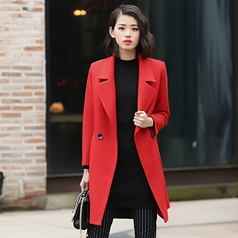 风衣女秋冬装2015新款韩版收腰加厚女装呢子外套女中长款大衣外套