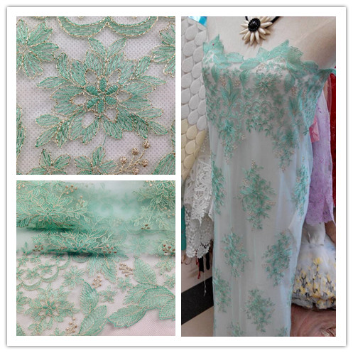 爆款限时促销欧美件水绿色网布金线刺绣蕾丝布料面料婚纱礼服旗袍