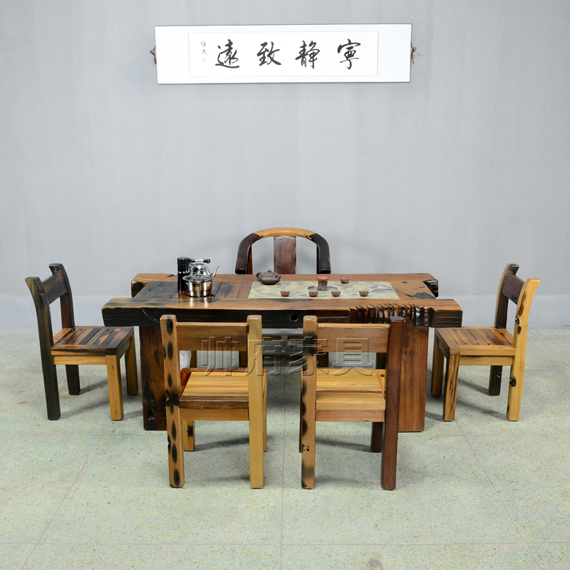 帅府老船木家具仿古原木色实木茶几功夫茶桌椅组合1.8米艺术茶台