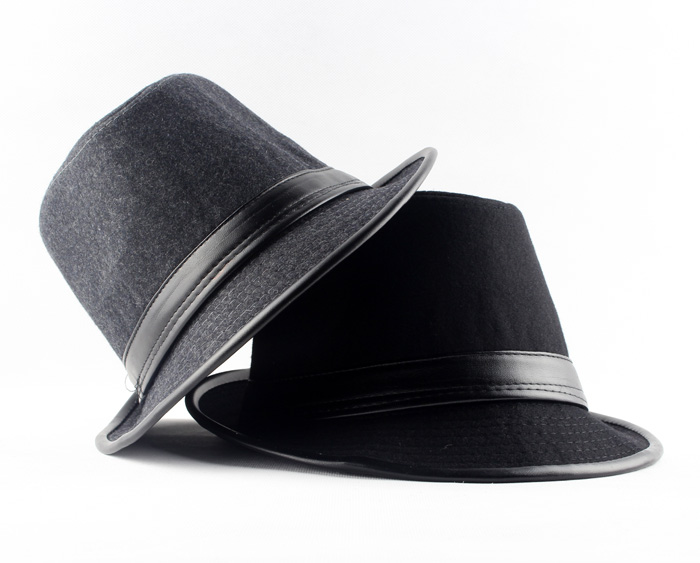 男士皮边帽檐爵士帽英伦绅士礼帽冬天男帽中老年帽子黑色男士礼帽