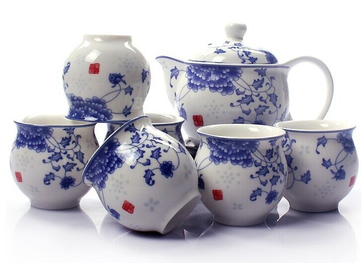 整套7头功夫陶瓷茶具套装红色青花茶具双层隔热杯大号杯大壶包邮