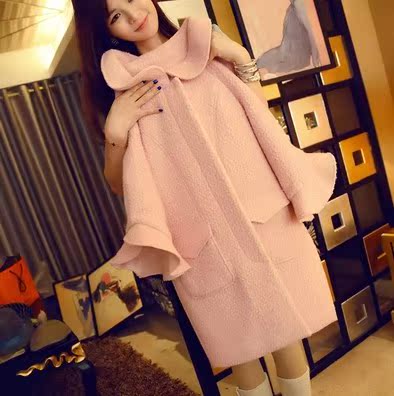 韩国代购 2015秋冬新款韩版甜美羊毛呢外套七分袖大衣中长款外套